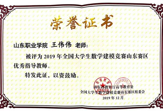 2019數學建模王偉偉優秀指導教師獎